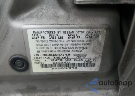 2004 Nissan Sentra 1.8 z USA, uszkodzony, nr VIN 3N1CB51D34L917838